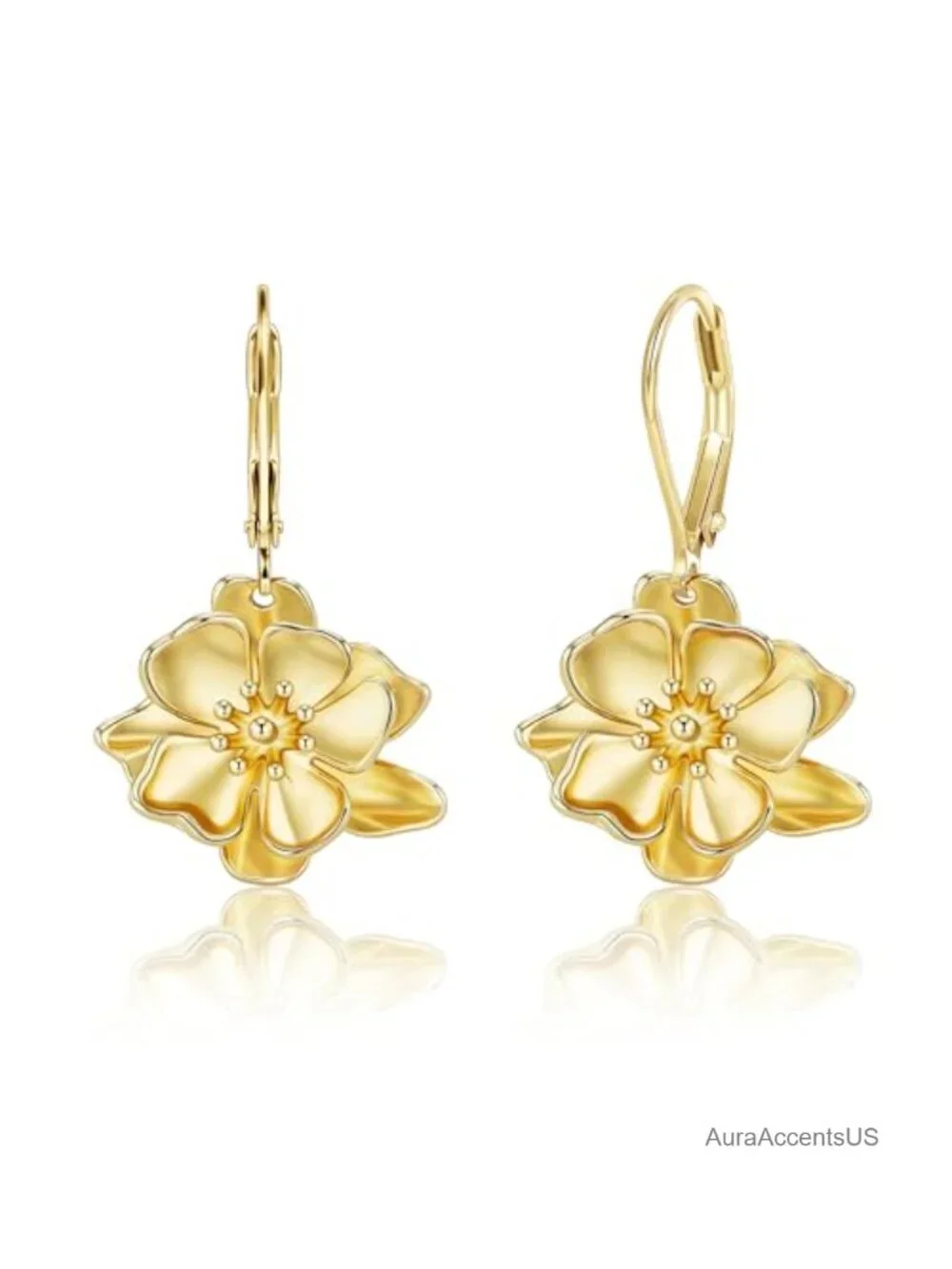 14K Gold Plated Flower Dangle Earrings for Women Hypoallergenic Leverback